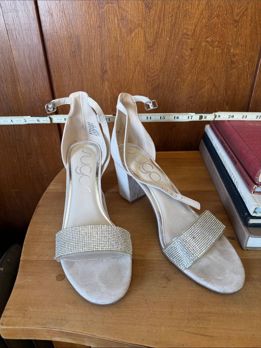 Sugar Champagne Crystal Strap Block Heel Sandals